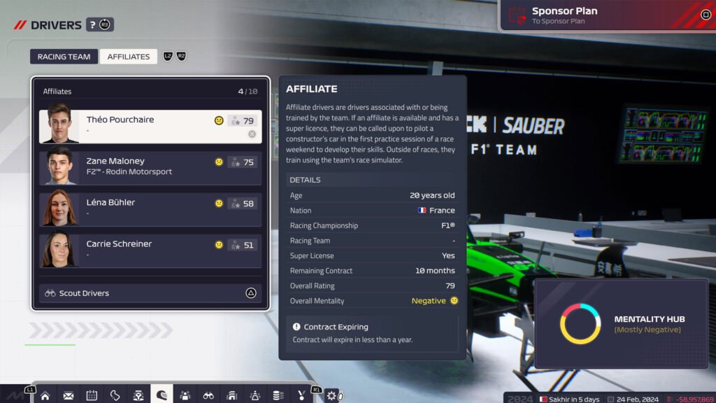 F1 Manager 2024 affiliate drivers menu