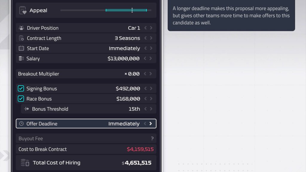 F1 Manager 2024 driver contract parameters