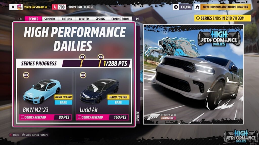 Recompensas de la serie High Performance Dailies de Forza Horizon 5