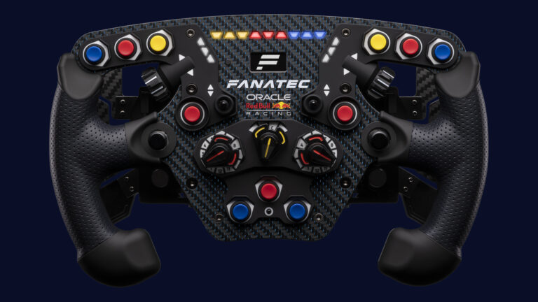 This is Fanatecs limited edition Red Bull Racing F1 sim racing wheel