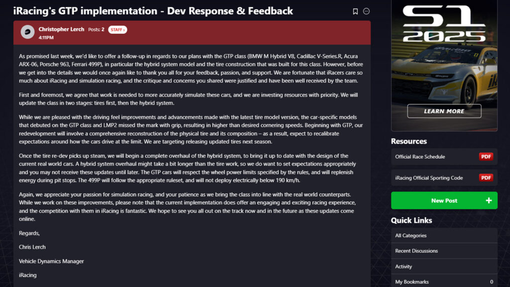 iRacing to redevelop GTP and Ferrari 499P tyres and hybrid system statement