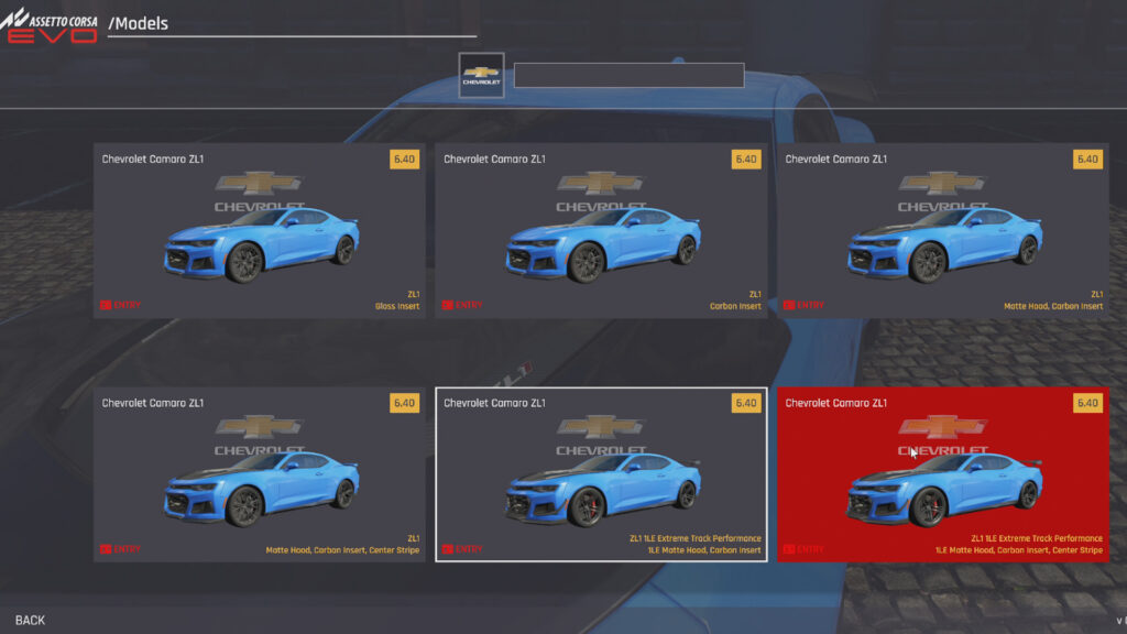 Assetto Corsa EVO Chevrolet Camaro 1LE ZR1 models specification