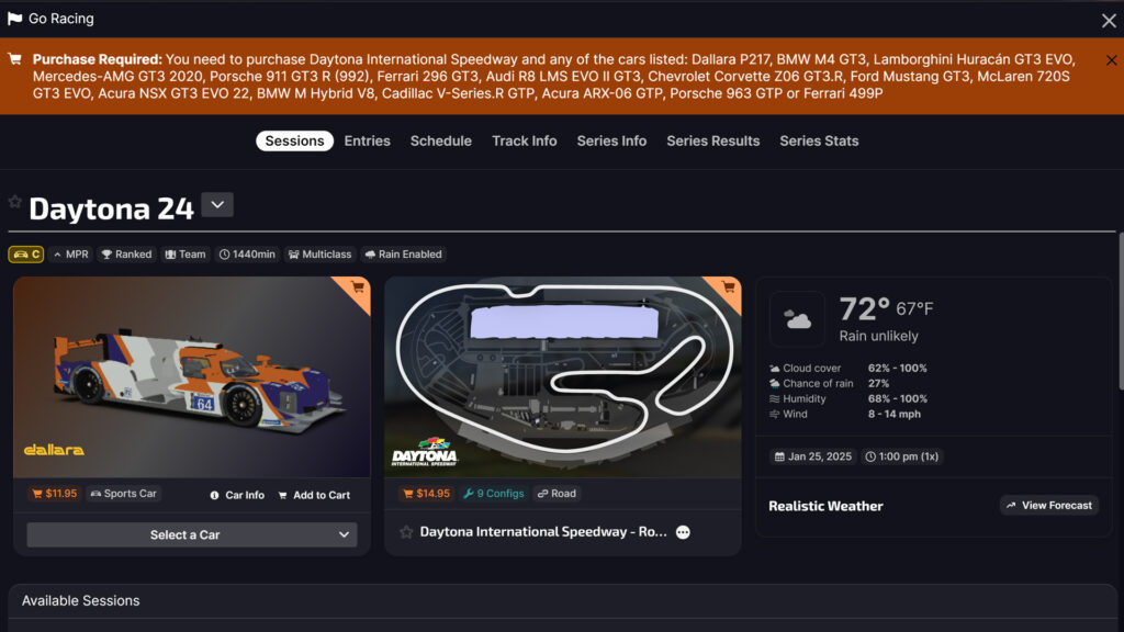 iRacing Daytona 24 2025 required content purchase