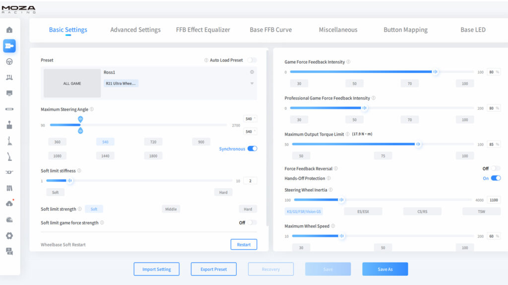 Moza R21 Ultra FFB settings