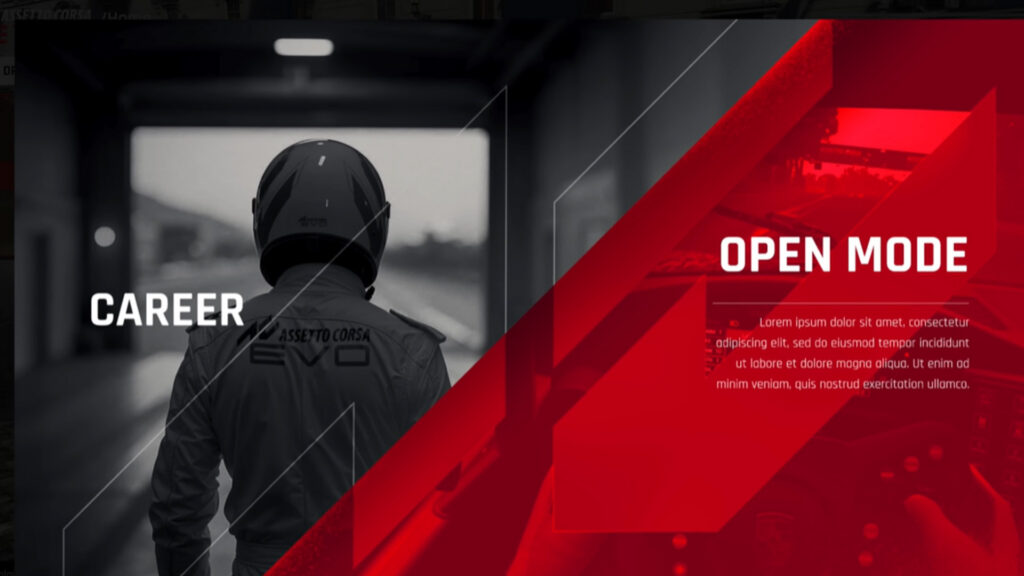 Assetto Corsa EVO Career and Open Mode menu