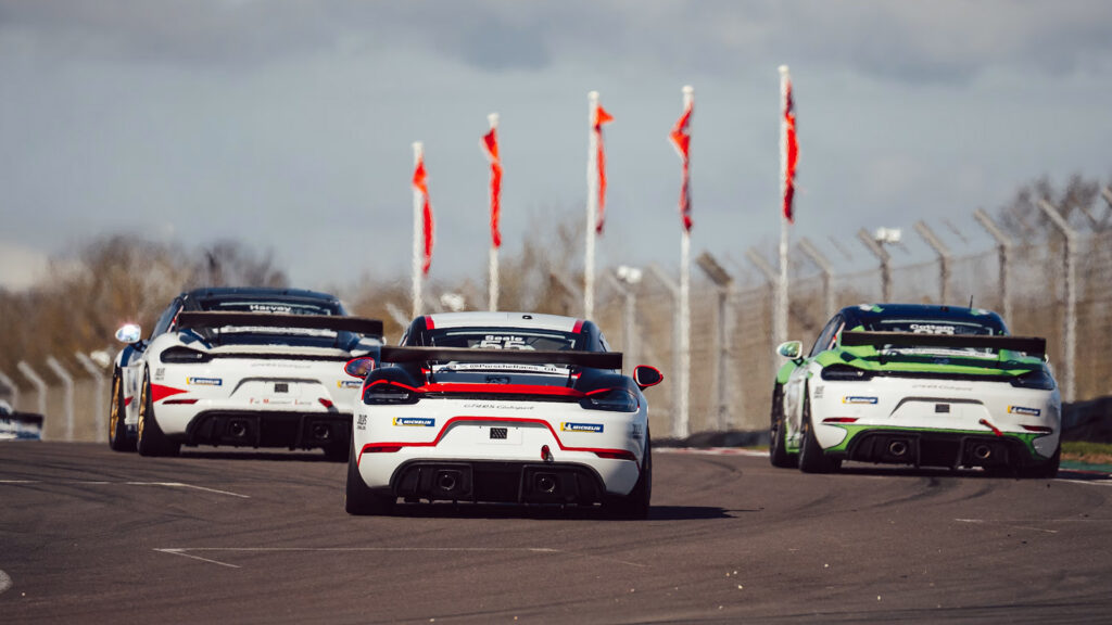 Porsche Cayman (718) GT4 RS Clubsport, Porsche Sprint Challenge GB 2026, Donington Park, Coanda Esports’ Joshua Rogers makes stunning motorsport debut