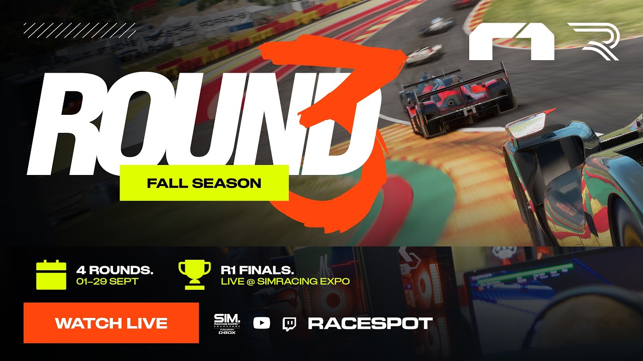 Sim racers competing in the Rennsport R1 Fall Season on a virtual track.