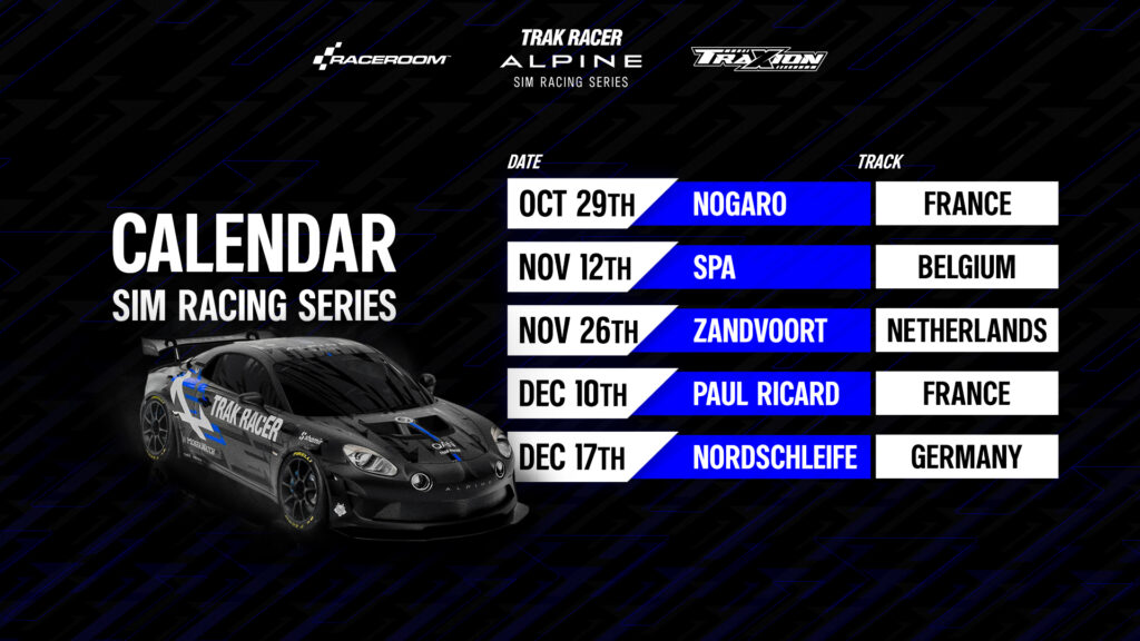 RaceRoom’s Alpine Sim Racing Series is open for registration now The RaceRoom-based Alpine Sim Racing Series is open for entries now, with the five-round championship offering a real-world GT4 test as first prize. To enter, players simply head to the in-game Multiplayer menu, select Championships, and choose either the main Alpine A110 GT4 series or its support championship, the Alpine A110 Cup. All players and skill levels are encouraged to sign up, with splits decided by RaceRoom Ranked rating and reputation. The Alpine A110 Cup, which uses RaceRoom’s free namesake car, comprises 20-minute races, with the top three championship finishers earning wildcard entries into next year’s GT4 series. The Alpine A110 GT4 championship, by contrast, offers 40-minute races with a mandatory pit stop, and uses the paid-for in-game Alpine GT4 car, with the first round beginning on Thursday 29th October. Both series will be broadcast live on Alpine’s official Twitch and Traxion’s YouTube channels, with commentary from Lewis McGlade and Traxion’s John Munro. RaceRoom has been riding a wave of popularity recently, thanks mainly to its biggest-ever update, which dropped last week. In addition to adding a stack of historic content, it also saw a series of important back-end improvements that should set the free-to-play sim up for even more enhancements in the future. RaceRoom Alpine Sim Racing Series 2026 calendar Round 1 – 29th October, Nogaro Round 2 – 12th November, Spa-Francorchamps Round 3 – 26th November, Zandvoort Round 4 – 10th December, Paul Ricard Round 5 – 17th December, Nürburgring Nordschleife