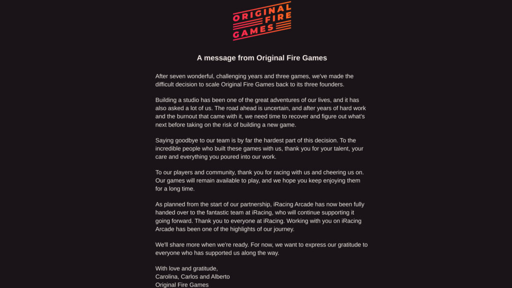 Original Fire Games iRacing Arcade statement
